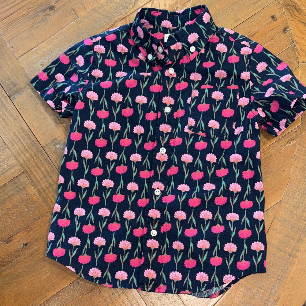 Crewcuts Kids Floral Button Down Shirt - Pink and Black